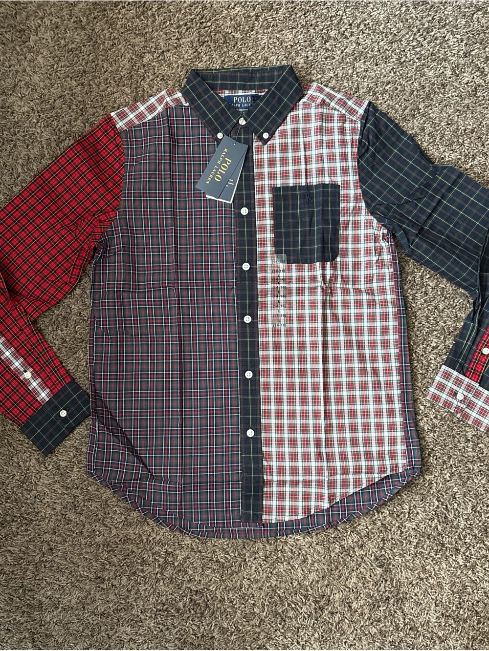 Polo by Ralph Lauren Multi-Plaid Patchwork Button-Down Shirt - Red, Navy, Green